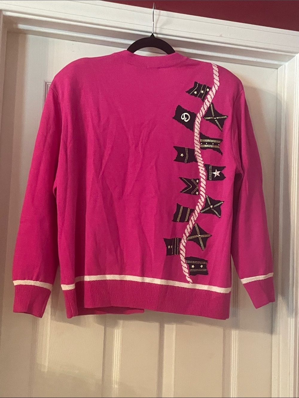 St. John Hot Pink Embellished V-Neck Cardigan with Gold Buttons - Picture 5 of 8